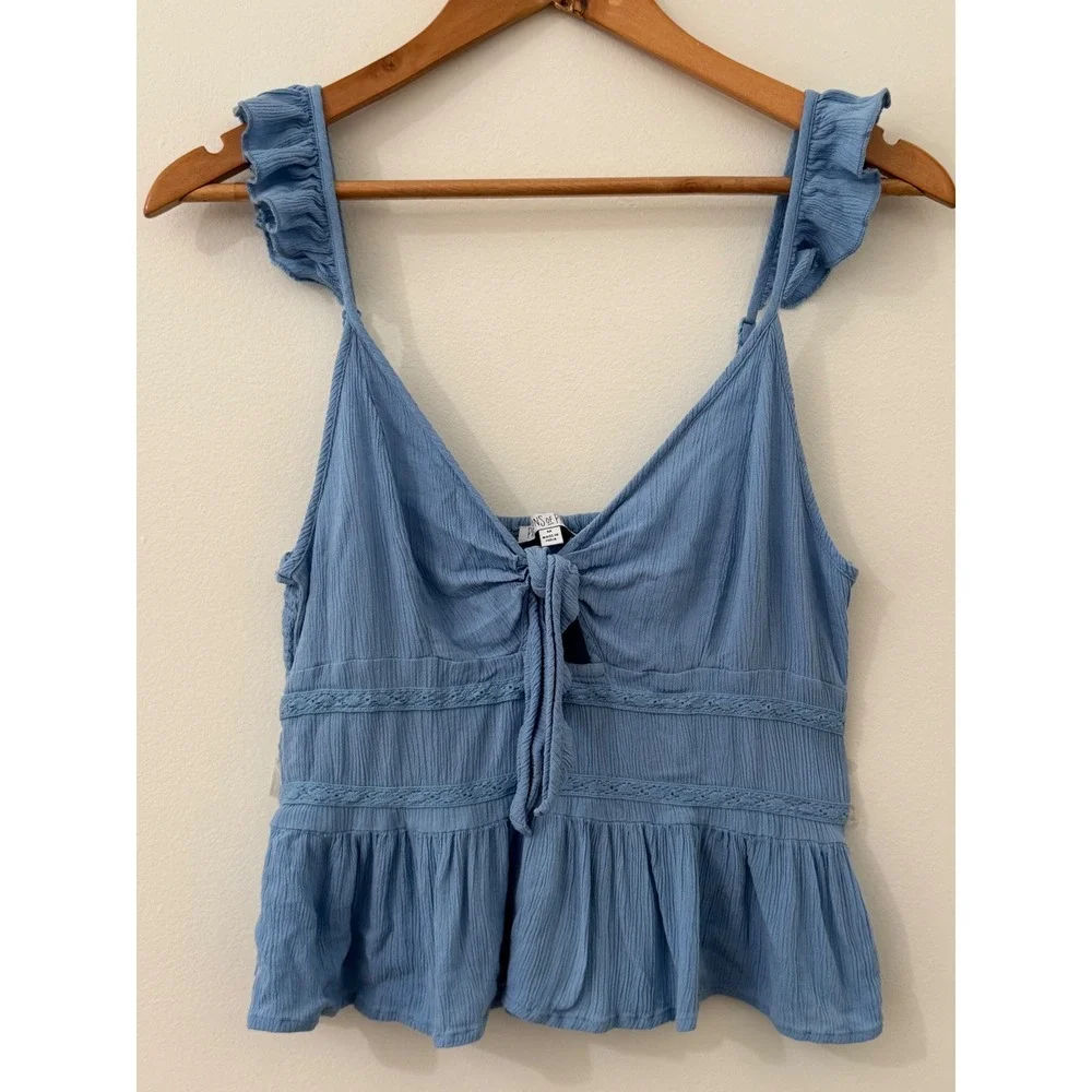Patrons of Peace Blue Ruffle Strap Tie Front Peplum Tank Top M Boho Rayon Summer